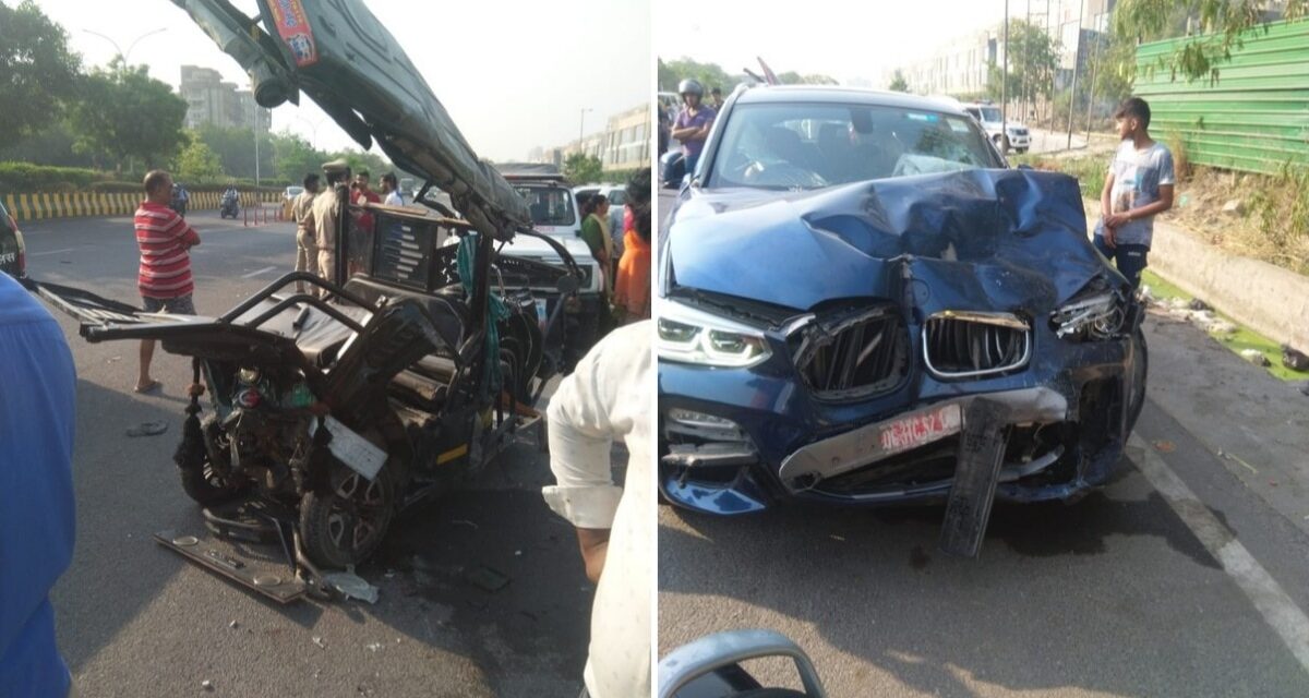 नोएडा में BMW कार ने ई-रिक्शा को मारी टक्कर, 2 लोगों की मौत, एक आरोपी मौके से फरार