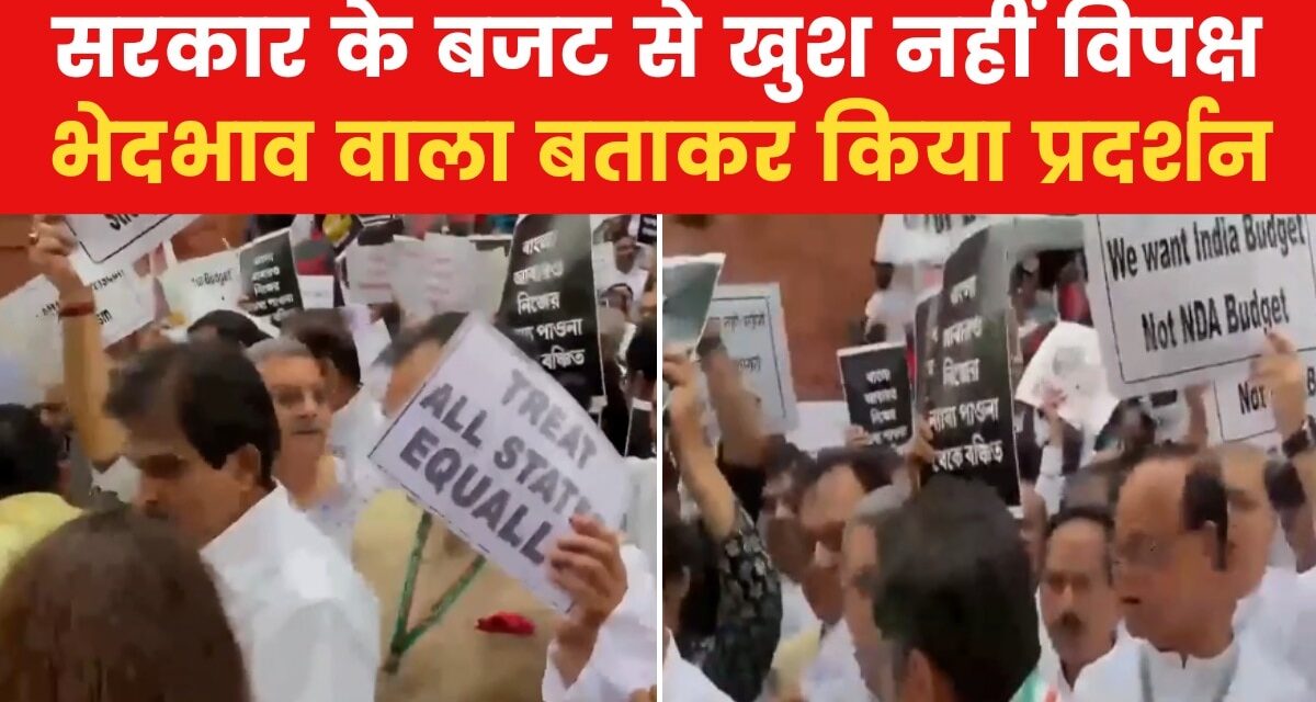 बजट के खिलाफ विपक्ष का 'हल्ला बोल', संसद के बाहर किया प्रदर्शन