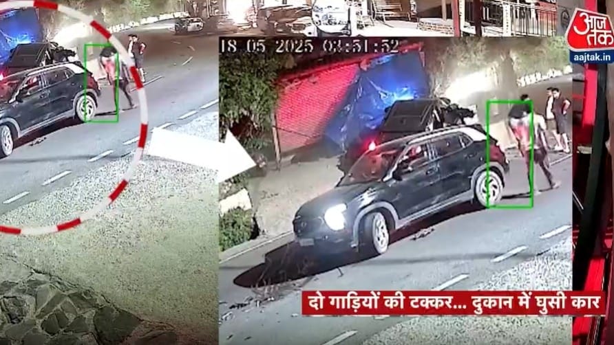 देहरादून: मसूरी रोड पर दो गाड़ियों में टक्कर, देखें कैसे दुकान में घुसी कार