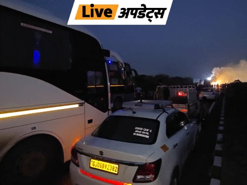 भास्कर अपडेट्स:अहमदाबाद के पास नेशनल एक्सप्रेसवे-1 पर दो ट्रकों में टक्कर के बाद आग लगी