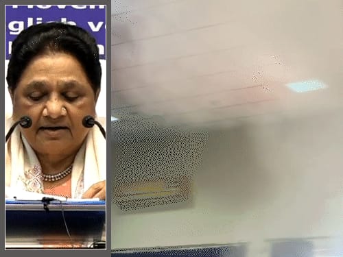 मायावती की प्रेस कॉन्फ्रेंस में शॉर्ट सर्किट, धुआं निकला:हाल में अफरा-तफरी, बिना सवाल लिए बसपा प्रमुख वापस लौटीं